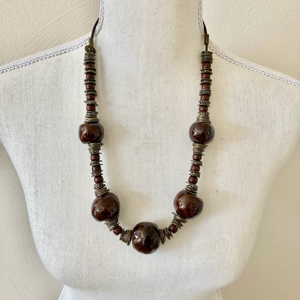 Vintage Tribal Design Brown Glass and Metal Beaded Necklace.